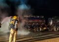 Caminhão tanque de leite pega fogo e mobiliza Corpo de Bombeiros na zona rural de Lagoa Formosa
